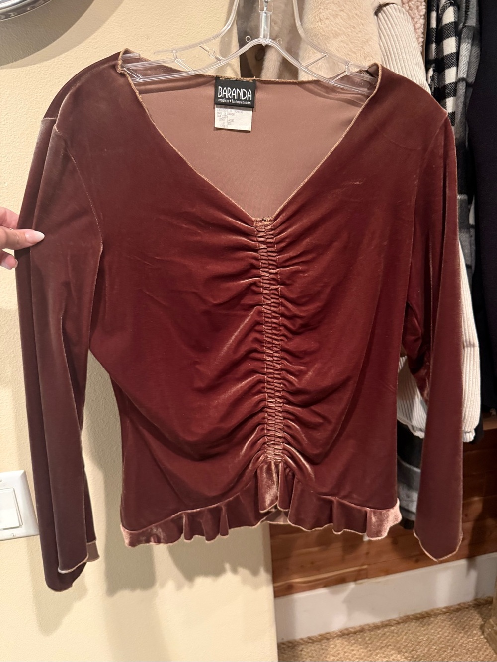 Baranda Brown Velvet Ruched V-Neck Long Sleeve Top